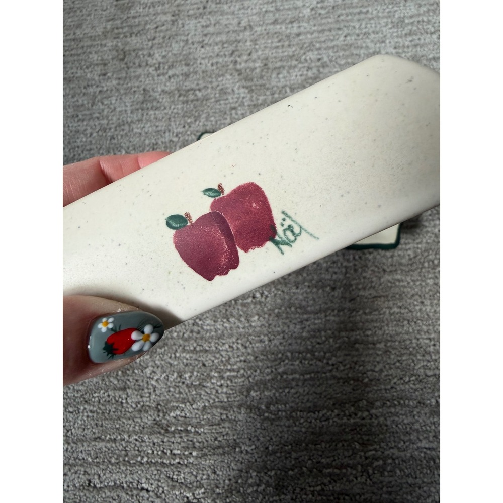 Noel Pie Plate Co Handpainted Ceramic Butter Dish Apple Motif Cream Green - Picture 5 of 6
